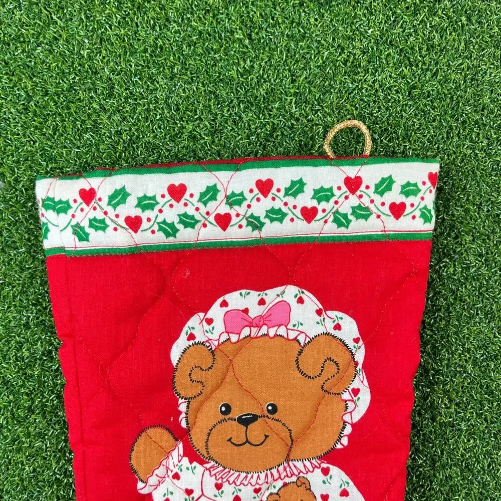 Vintage 1980s Lucy Rigg Handmade Quilted Teddy Bear Christmas Stockings